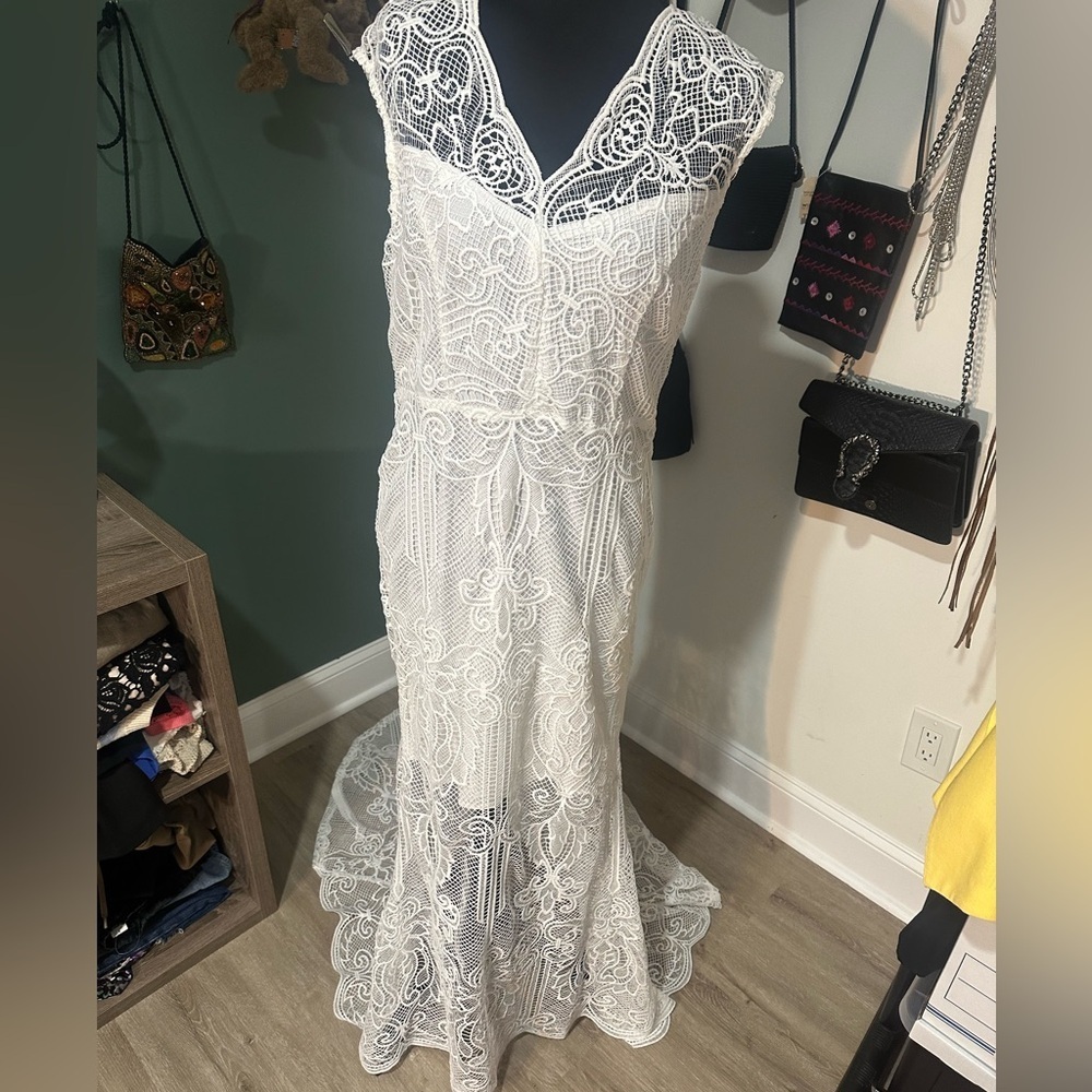 Sheilay White Lace Maxi Dress Mermaid Train Boho Bridal Sleeveless Size Large